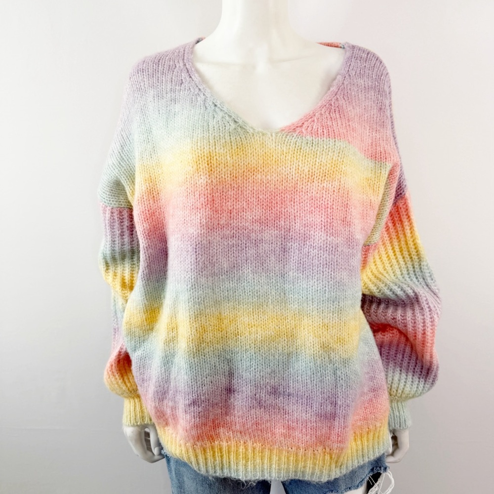 Zoey Reva BRIGHTER DAYS Rainbow Sweater Size L Long Sleeve V-Neck Casual Winter